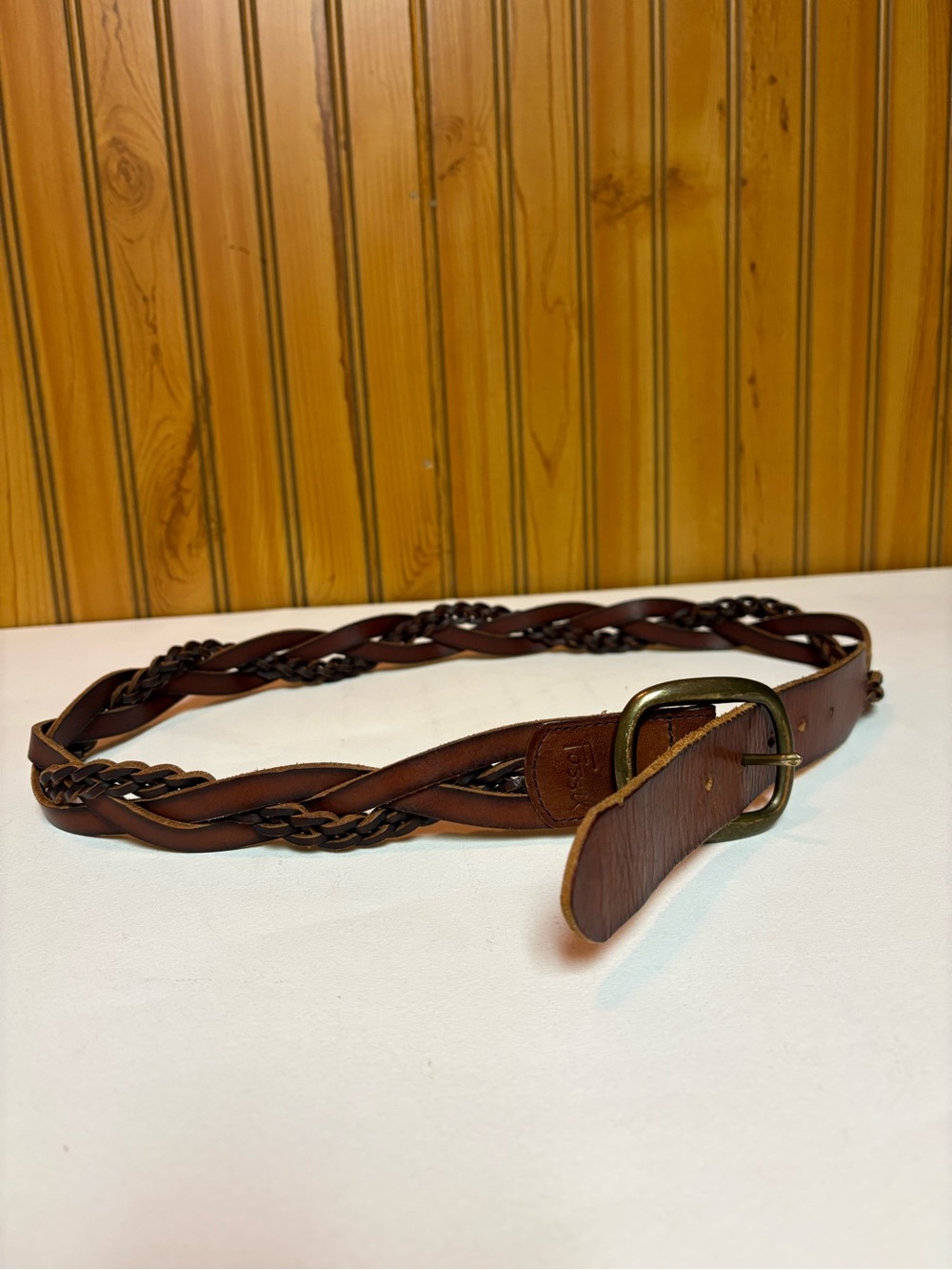 Fossil Braided Brown Leather Belt with Brass Buckle